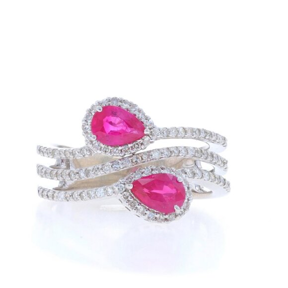 White Gold Ruby Diamond Ring - 14k Pear 1.13ctw Two-Stone Halo
